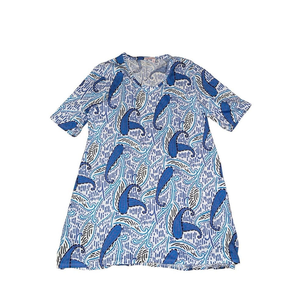 Fresh Produce Tunic Top Womens L Blue Paisley Short Sleeve V-Neck Cotton - Picture 1 of 7